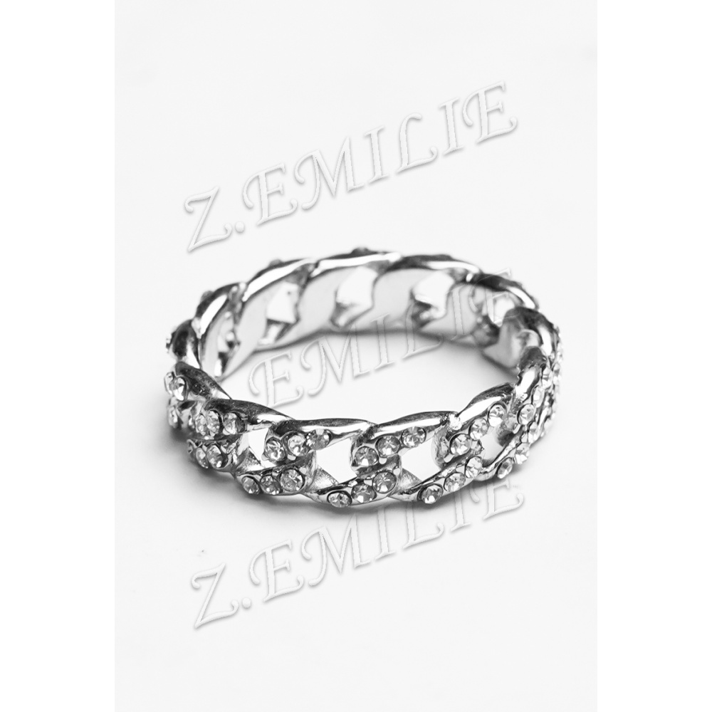 Bague En Acier Chromé Avec Strass - Modèle Scintillant Argenté, Occasion En Très Bon état