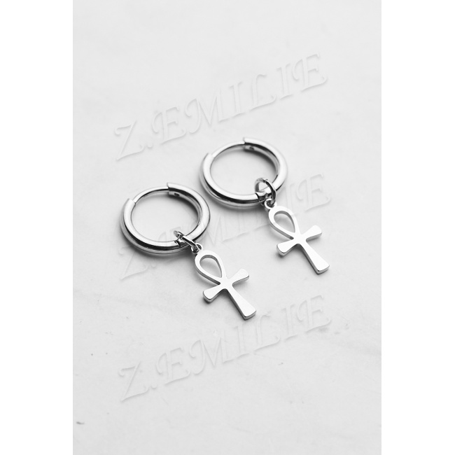 Créoles Avec Pendentif Croix Pliable - Boucles D'Oreilles Inox Noir Argent - Sans Marque