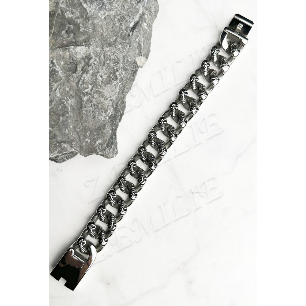 Nato Cuff - Bracelet Skull Tête de Mort - Argent 925 - Cordon Cuir Cousu