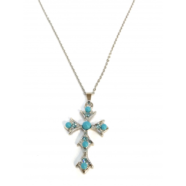 Collier Fantaisie Croix Et Pierre Ovale - Couleur Noir Et Métal Argenté - Marque Tiger, Neuf Avec étiquette